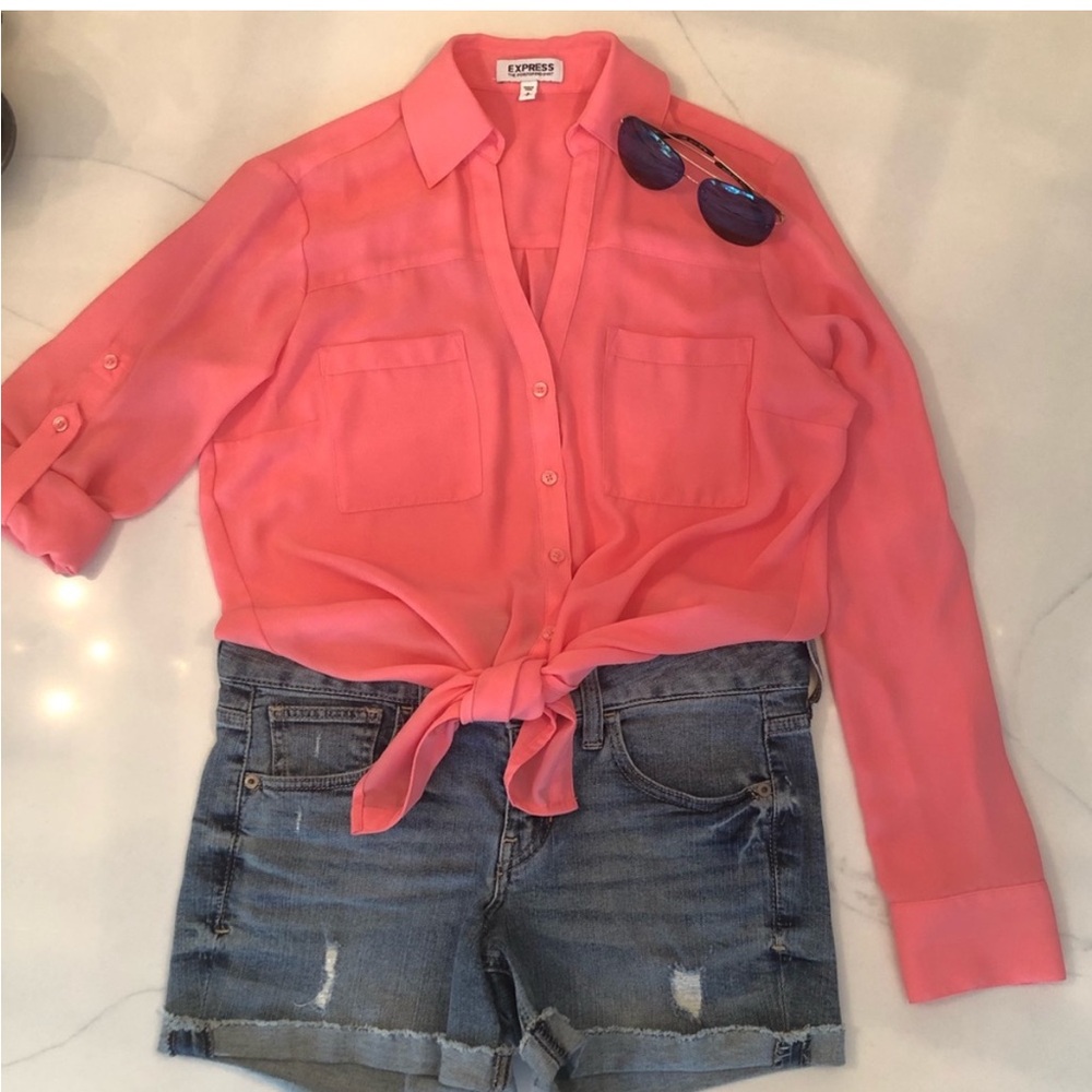 Express Salmon Pink Original Portofino Long Sleeve Button Down Shirt Blouse